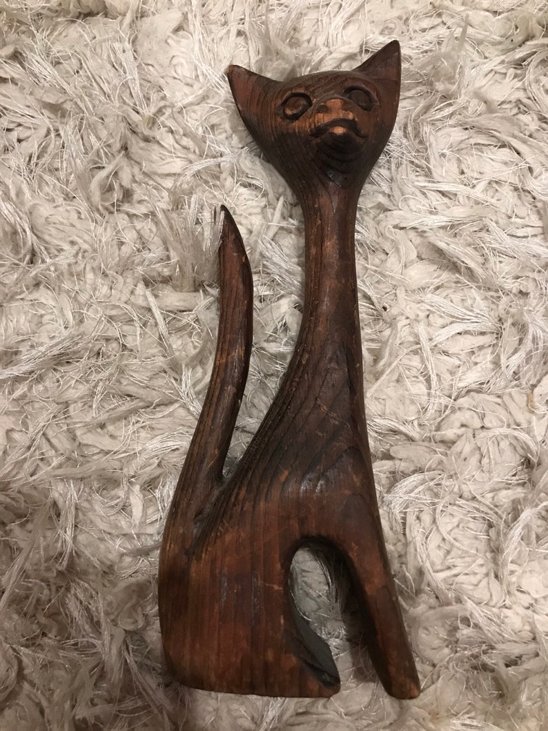 Vintage Hand Carved Wooden Cat Sculpture Etsy
