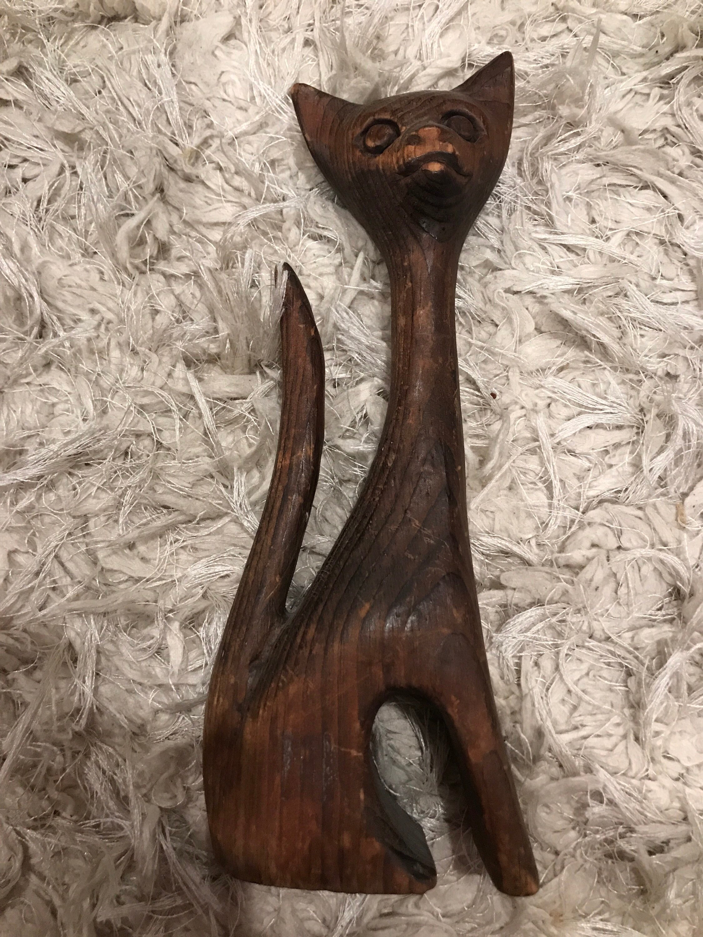 Vintage Hand Carved Wooden Cat Sculpture Etsy
