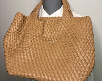 Vegan PU Leather Beige Woven Bucket Style Tote Purse