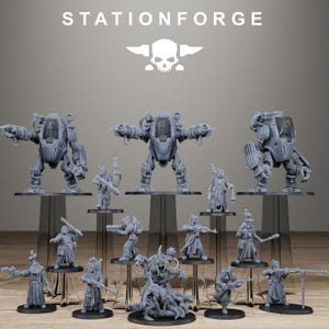 May include: A collection of gray miniature figurines, including mechs and characters, displayed on clear stands. The figurines are detailed and appear to be from a science fiction or fantasy genre. The word "STATIONFORGE" is printed at the top.