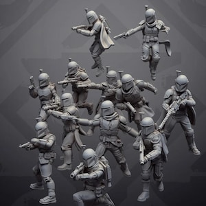 May include: A collection of ten unpainted grey miniature figures depicting armoured warriors in various action poses. Each figure wears a helmet with a T-shaped visor, chest armour, and utility belts, and carries a blaster rifle or pistol.