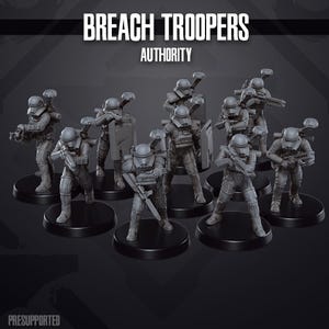 以下が含まれることがあります： 黒い円形の台座にそれぞれ配置された、グレーのBreach Troopersのミニチュアのコレクション。 各フィギュアは武器と盾で武装しており、上部には「BREACH TROOPERS AUTHORITY」というテキストが表示されています。 下部には「PRESUPPORTED」という単語があります。