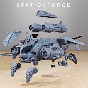May include: A gray, disassembled model of a futuristic vehicle with multiple components, including engines, wings, and a cockpit. The text "STATIONFORGE" is visible at the top. The model appears to be a miniature, possibly for tabletop gaming or display.