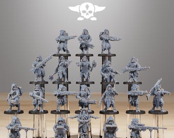 May include: A collection of gray miniature figurines, each depicting a hooded figure with various weapons and equipment. The figurines are arranged on clear stands, with the text "STATIONFORGE" and a skull logo at the top.