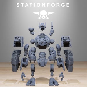 May include: A grey robot model kit, shown in pieces, with a head, torso, arms, legs, and other mechanical parts. The word "STATIONFORGE" is printed at the top, along with a skull and crossbones logo.