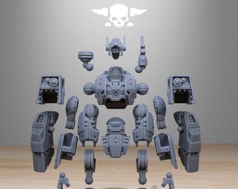 May include: A disassembled gray robot model kit with multiple parts, including a head, torso, arms, legs, and various mechanical components. The word "STATIONFORGE" is printed at the top, along with a skull and crossbones logo.