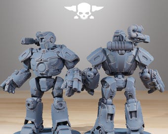 May include: Two gray robot figurines with detailed mechanical designs, standing on circular bases. The robots have articulated limbs, armored plating, and various weapon-like attachments. The text "STATIONFORGE" and a skull logo are at the top.