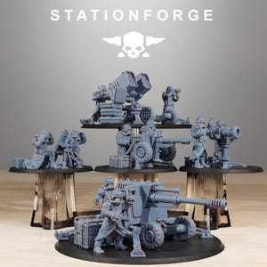 May include: A collection of grey resin miniature figures and artillery units from StationForge. The set includes soldiers in long coats and gas masks operating various cannons, missile launchers, and mortars mounted on circular black display bases.