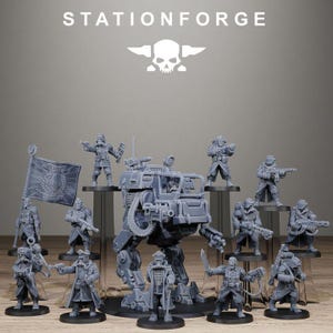 May include: A collection of gray miniature figurines, including soldiers and a large mechanical walker. The figurines are on black stands, with the text "STATIONFORGE" and a skull logo at the top.