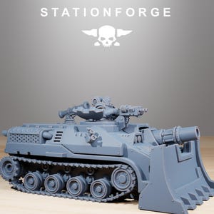 May include: A gray model tank with a large front blade and a cannon. The tank has detailed tracks and a turret with multiple weapons. The text "STATIONFORGE" is at the top of the image.