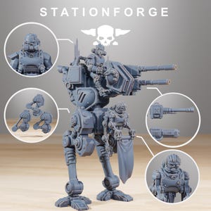May include: A gray, detailed miniature mech model with multiple components, including a large cannon, smaller weapons, and figures. The model is labeled "STATIONFORGE" with a skull logo. Additional components are shown in circular insets.