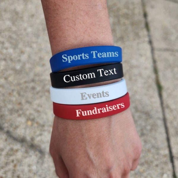 Custom Classic Silicone Wristbands, Buy in Bulk - Your Text Rubber Bracelets - Motivation, Events, Gifts, Support, Fundraisers, Awareness