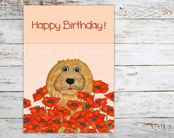 Postkarte "Happy Birthday", Hund, Mohnblumen