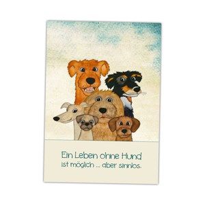 Postkarte "Leben ohne Hund", Golden Retriever, Australian Shepherd, Briard, Whippet, Mops, Dackel