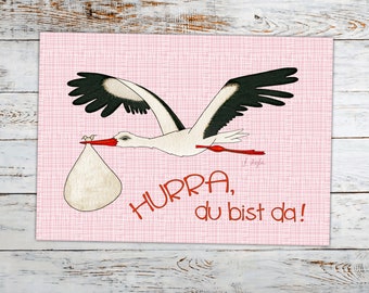 Postkarte "HURRA, du bist da!",  Alles Gute zur Geburt, Mädchen