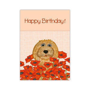 Postkarte "Happy Birthday", Hund, Mohnblumen