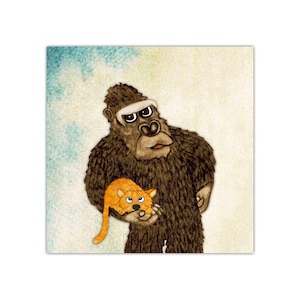 Postkarte  "Gute Freunde", Gorilla, Katze, Freundschaft