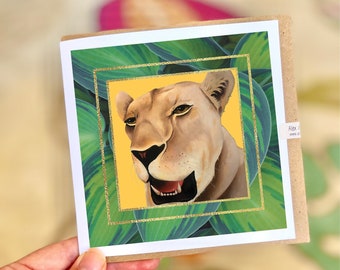Lioness Card, Lion Card, Leaf Card, Jungle Card, Lioness Birthday Card, Lioness Thank You Card, Lioness Lover, Lion Lover (ref: CLJUN)