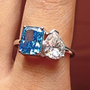 Blue Topaz Citrine ,Toi et Moi  14k Solid Yellow Gold,Accent Engagement Ring, Two-Stone Ring, Moissanite Gemstones, Symbolic Proposal Ring