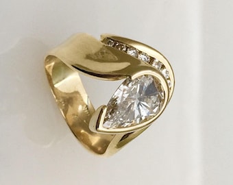 Pear Cut Ring Diamond Bypass Ring, 14K 18K Solid Gold Unique Engagement Ring, Wide Band Diamond Ring, Modern Statement Wedding Jewelry USA