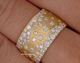 Flush Set Round Cut Moissanite Diamond Band, Wide 14K Yellow Gold Wedding Band, Cigar Band Ring For Women's, Promise Band, Engagement Band