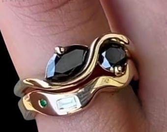 Marquise Black Diamond Snake Round Ring,14K 18K Gold Gothic Serpent Statement Ring – Custom Baguette Diamond Women’s Jewelry,NYC LA USA Gift
