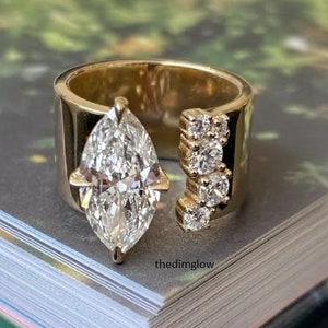 Marquise Cut Mossnit Diamond , Wide Gold Band Ring,14k solid Gold Unique Statement Engagement Ring, Modern Gold Diamond Ring, Wedding ring