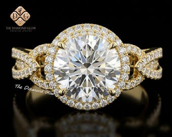 Anello nuziale a mezza eternità con pavé di moissanite taglio rotondo da 3 carati, anello di fidanzamento Danity in oro 14 carati con pavé di moissanite taglio francese e alone nascosto, prodotto negli Stati Uniti.