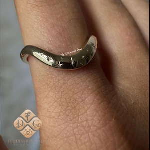 Diamond Curved Wedding Band,14k Gold Chevron V Shaped Stack Ring,Perfect for Engagement or Promise Gift,Minimalist Stylish Wave Wedding Band