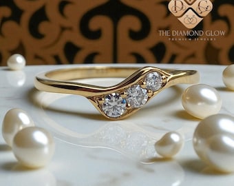 14K Gold Wave Ring Round Cut Curved Diamond Ring, Minimalist Wedding Band For Women, Unique Promise Ring, Dainty Bridal Jewelry Gift