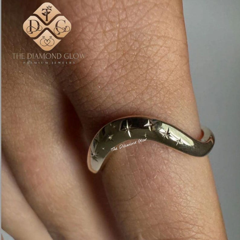Diamond Curved Wedding Band,14k Gold Chevron V Shaped Stack Ring,Perfect for Engagement or Promise Gift,Minimalist Stylish Wave Wedding Band