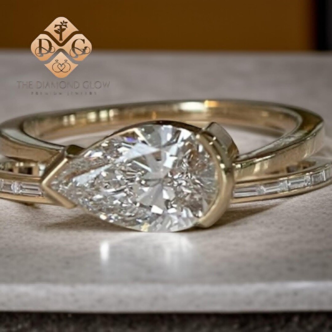 2.00 Carat East West Pear Cut Moissanite Diamond Ring / Bezel Set 14K ...