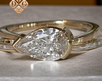 2.00 Carat East West Pear Cut Moissanite Diamond Ring / Bezel Set 14K Solid Yellow Gold Wedding Ring/ Solitaire Engagement Ring/ Bridal Ring