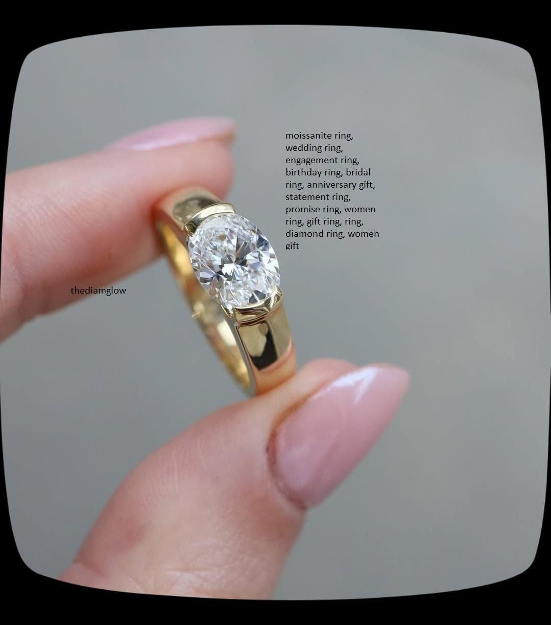 Moissanite Oval Cut Diamond Engagement Ring Flush Accent Wedding Band 14K Yellow Gold Wide Organic Statement Band Promise Band For SomeOne