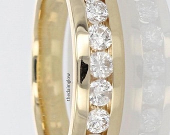 Luxurious Unisex 14K Yellow Gold Moissanite Wedding Band Round Cut Moissanite Eternity Ring Unique Wedding or Anniversary Gift for Him