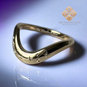 Diamond Curved Wedding Band,14k Gold Chevron V Shaped Stack Ring,Perfect for Engagement or Promise Gift,Minimalist Stylish Wave Wedding Band
