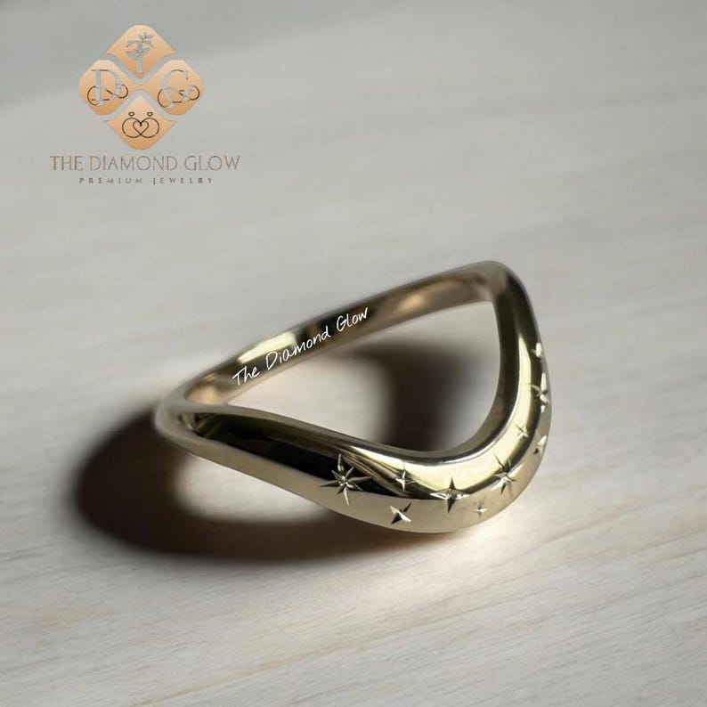 Diamond Curved Wedding Band,14k Gold Chevron V Shaped Stack Ring,Perfect for Engagement or Promise Gift,Minimalist Stylish Wave Wedding Band