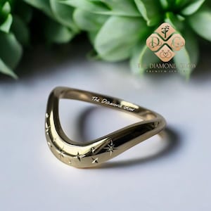 Diamond Curved Wedding Band,14k Gold Chevron V Shaped Stack Ring,Perfect for Engagement or Promise Gift,Minimalist Stylish Wave Wedding Band