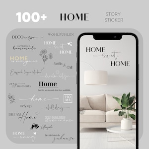Könnte beinhalten: Eine Sammlung von über 100 Home-Stickern mit Sätzen wie "Home Sweet Home", "Gemütliche Momente" und "Aufräumen". Die Sticker sind auf einem Smartphone-Bildschirm mit einem Hintergrundbild eines Wohnzimmers dargestellt.