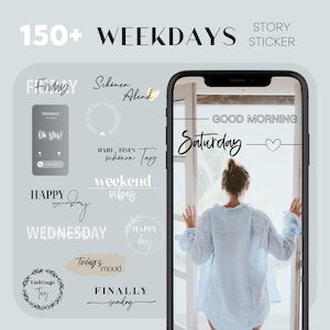 Könnte beinhalten: Eine Sammlung von über 150 digitalen Stickern für Instagram-Storys mit verschiedenen Sprüchen rund um die Wochentage, darunter "Freitag", "Wochenende", "Happy Sunday", "Mittwoch", "Guten Morgen Samstag", "Endlich Sonntag" und "Habt einen schönen Tag".