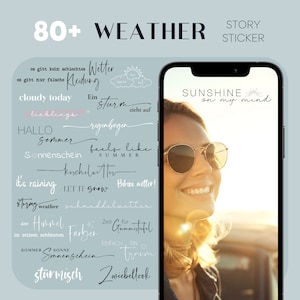 May include: A collection of 80+ weather-themed stickers featuring phrases like "cloudy today", "it's raining", "sunshine", and "feels like summer". The stickers are in a variety of fonts and colors, and some feature illustrations of clouds, rain, and sunshine.