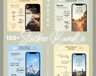 May include: A collage of four phone screens showcasing different sticker bundles. Each screen features a different theme: Everyday, Friendship, Mountains, and Travel. The screens are surrounded by a light green background with the text "180+ Sticker Bundle" in a large, bold font.
