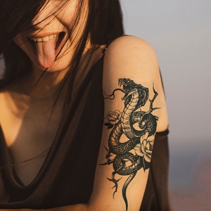 Snake Floral Temporary Tattoo | Women Half Sleeve  Semi-permanent Tattoo | 2weeks tattoo | 85mm*160mm