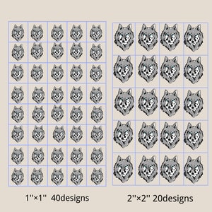 May include: Two sets of wolf head designs, one set of 40 designs in 1" x 1" squares and another set of 20 designs in 2" x 2" squares.