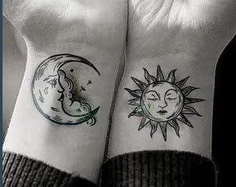 2 tatuajes semipermanentes de sol y luna, tinta temporal, pegatinas para tatuajes, 65 mm × 120 mm