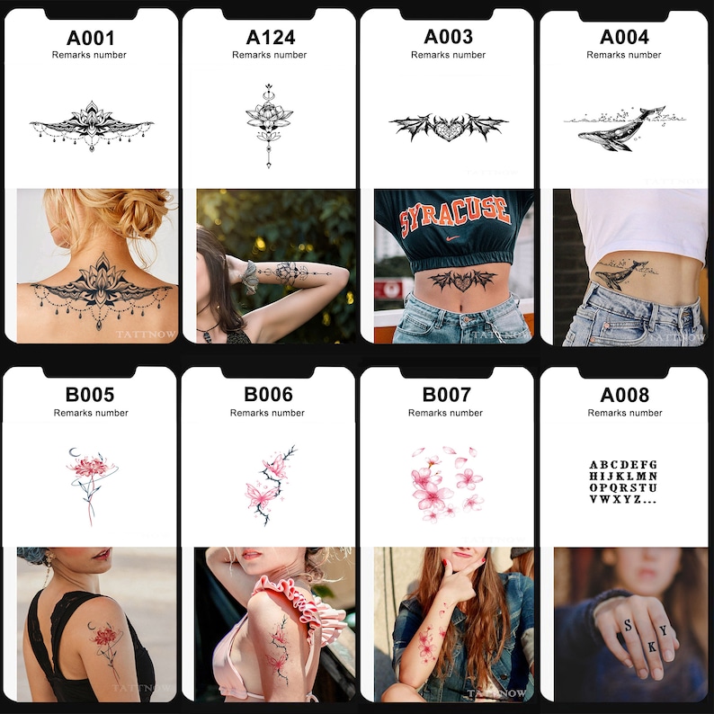 May include: A sheet of temporary tattoos with various designs, including a lotus flower, a heart with wings, a whale, a flower, and a set of letters. The tattoos are shown on models in different locations on their bodies.
