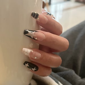 Press On Nails, Pink Star French,  Y2k Luxery Coffin Fake Nails