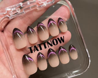 Press On Nails, Pink French Cat Eyes Fake Nails,  Luxery Fake Nails