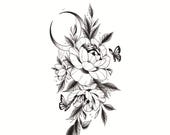 Flower Half Sleeve Temporary Tattoo | Moon and butterfly Tattoo Sticker | Tattoo Design | 20.8cm×9.5cm | 8.2×3.7inch