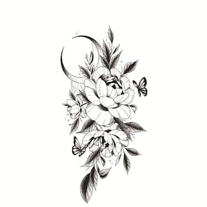 Flower Half Sleeve Temporary Tattoo | Moon and butterfly Tattoo Sticker | Tattoo Design | 20.8cm×9.5cm | 8.2×3.7inch